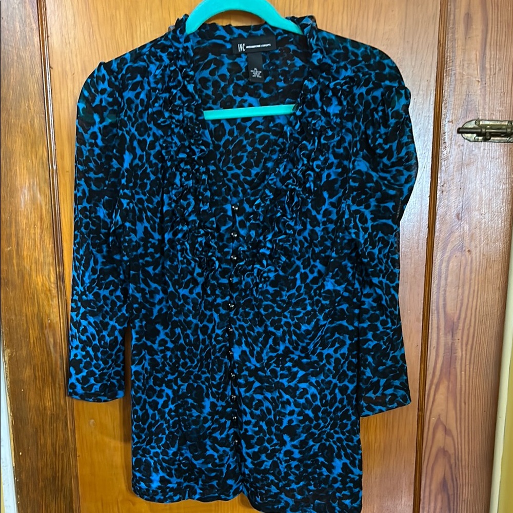 INC International Concepts Teal and Black Leopard Print Blouse